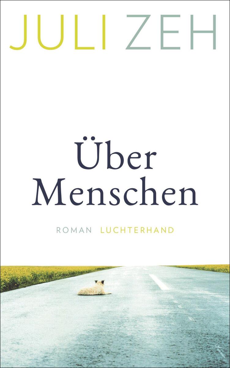 Das Buchcover von 'Über Menschen' von Juli Zeh zeigt den Titel in großer, schwarzer Schrift auf weißem Hintergrund. Der Name der Autorin in gelben und grauen Buchstaben steht oben, während eine gelb-grüne Wiese und eine Straße mit einem kleinen Hund am unteren Rand sichtbar sind.