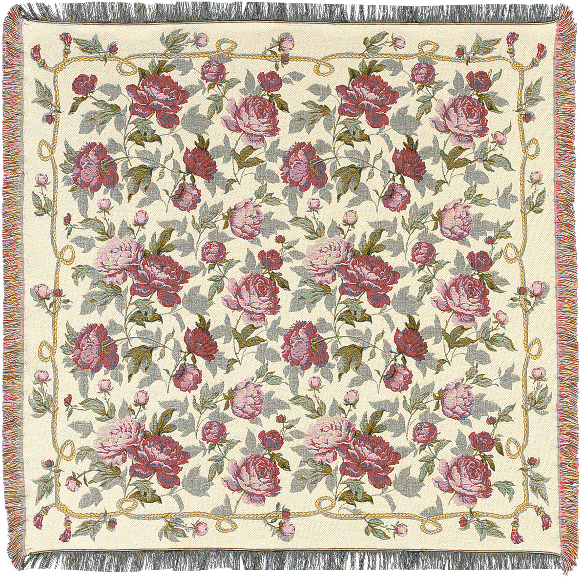 Wohnplaid mit detailliertem Rosenmotiv, bestehend aus roten und rosa Blüten, grünen Blättern und beiger Hintergrund. Die Decke hat bunte Fransenränder.
