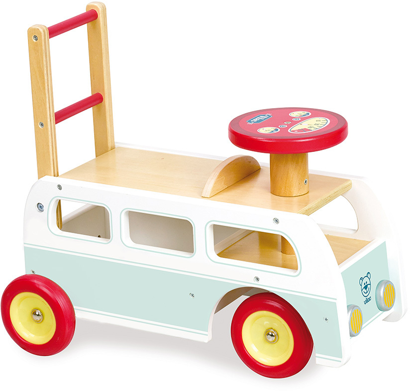 Ein bunter Lauflernwagen in Form eines Minibusses mit roten, gelben und weißen Elementen, geeignet für Kleinkinder.
