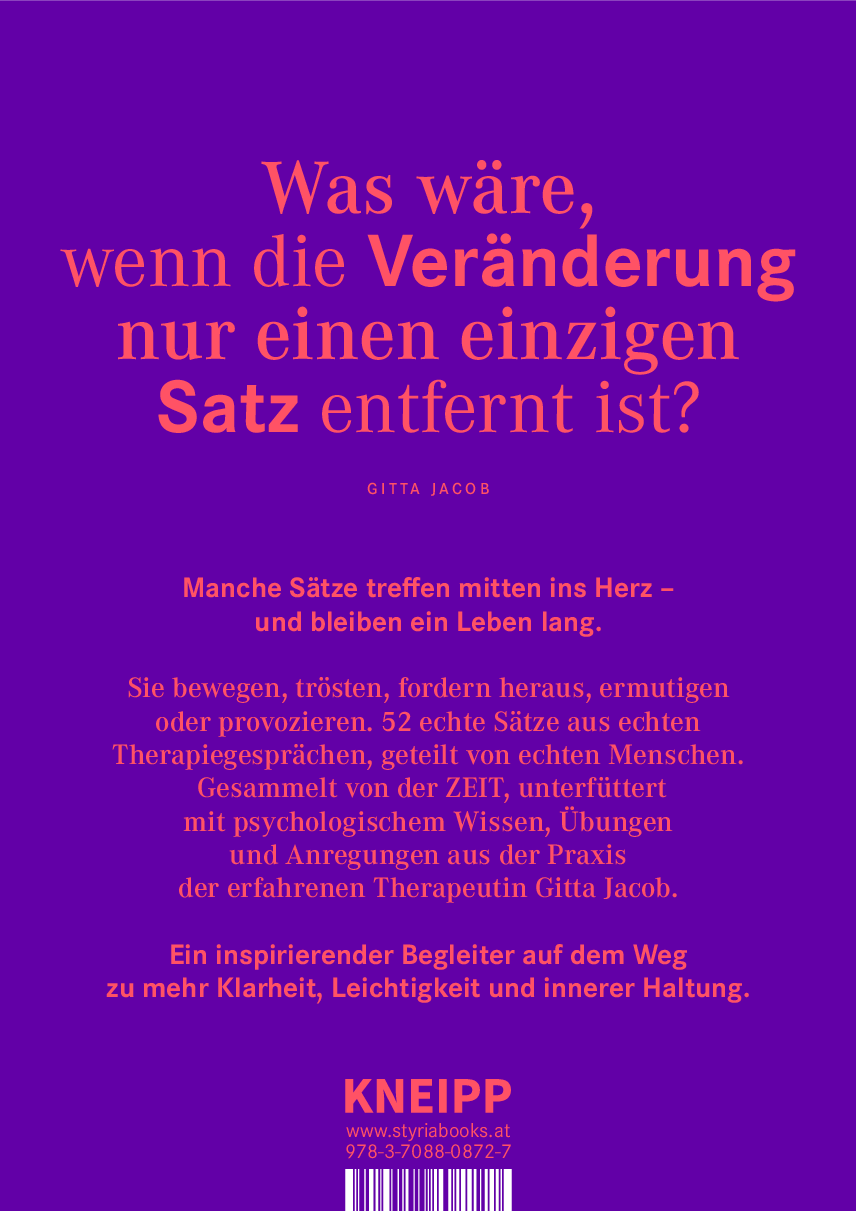 Das Buchcover von »In der Komfortzone wächst nichts.« zeigt violetten Hintergrund mit orangefarbenen und weißen Schriftzügen. Im Fokus steht die Frage nach Veränderung durch einen einzigen Satz. Der Text betont therapeutische Impulse und persönliches Wachstum. Am unteren Rand ist das Kneipp Verlag-Logo in Weiß aufgedruckt.