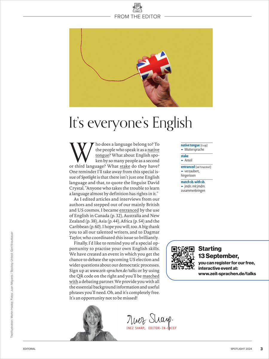 Titelseite des Spotlight Magazins 12/2024 Sonderausgabe mit einem Foto einer Hand, die eine britische Flagge hält. Der Hintergrund ist weiß mit schwarzem und rotem Text, einschließlich eines QR-Codes für weitere Informationen.