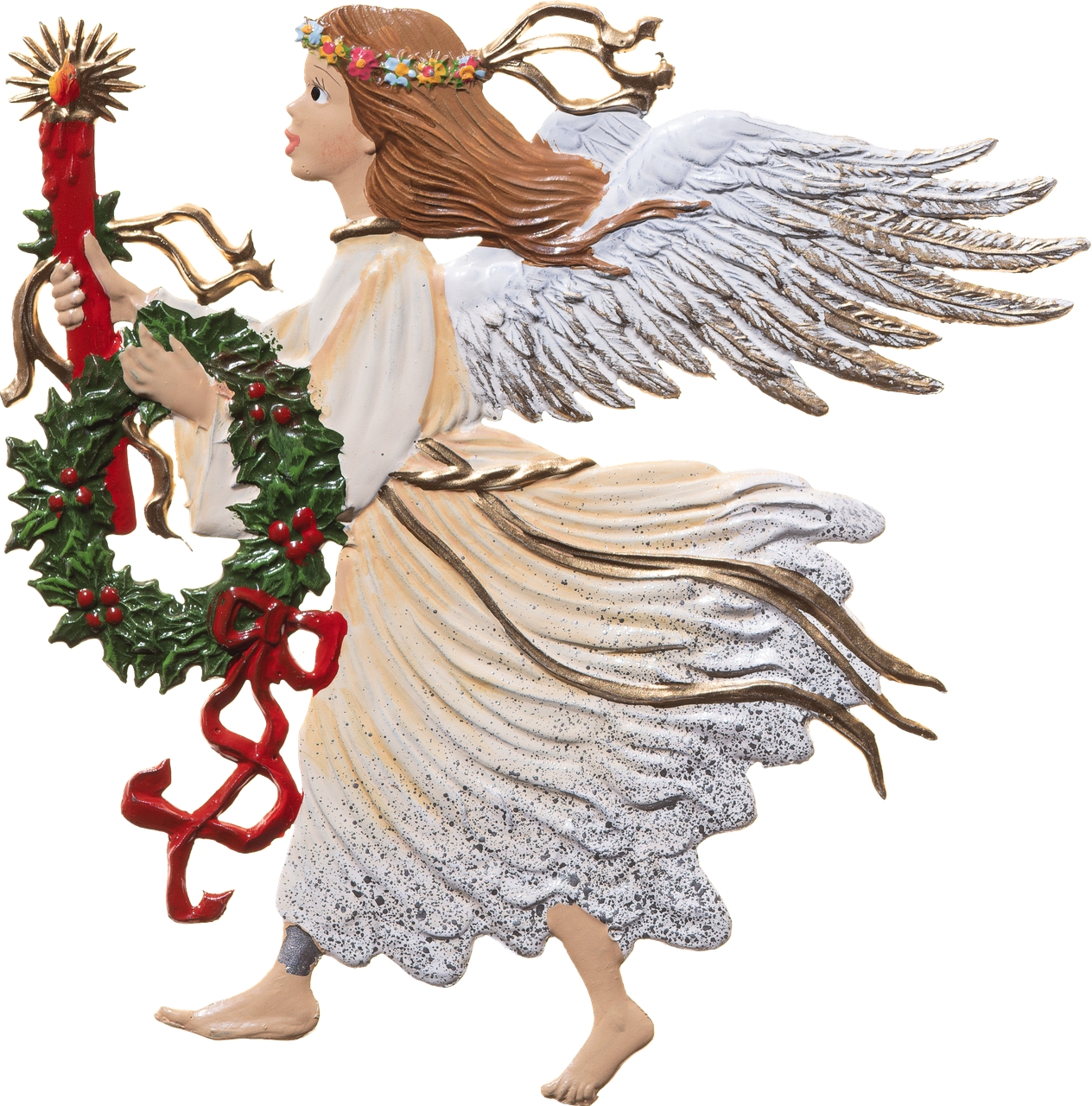 Zinnfigur eines Engels mit goldenen Flügeln und einem langen hellen Kleid, der einen grünen Kranz mit roten Beeren und eine rote Kerze hält. Die Figur trägt einen Blumenkranz auf dem Kopf und ist in festlichen Farben gestaltet.