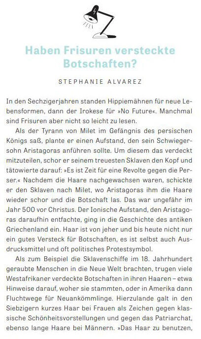 Das Bild zeigt das Cover des Buches ZEIT WISSEN »Woher weißt du das?«. Das Cover ist überwiegend weiß mit grünem und schwarzem Text. Es enthält den Titel des Artikels »Haben Frisuren versteckte Botschaften?« und den Autorennamen Stephanie Alvaréz. Oben ist eine stilisierte Grafik einer Schreibtischlampe abgebildet.