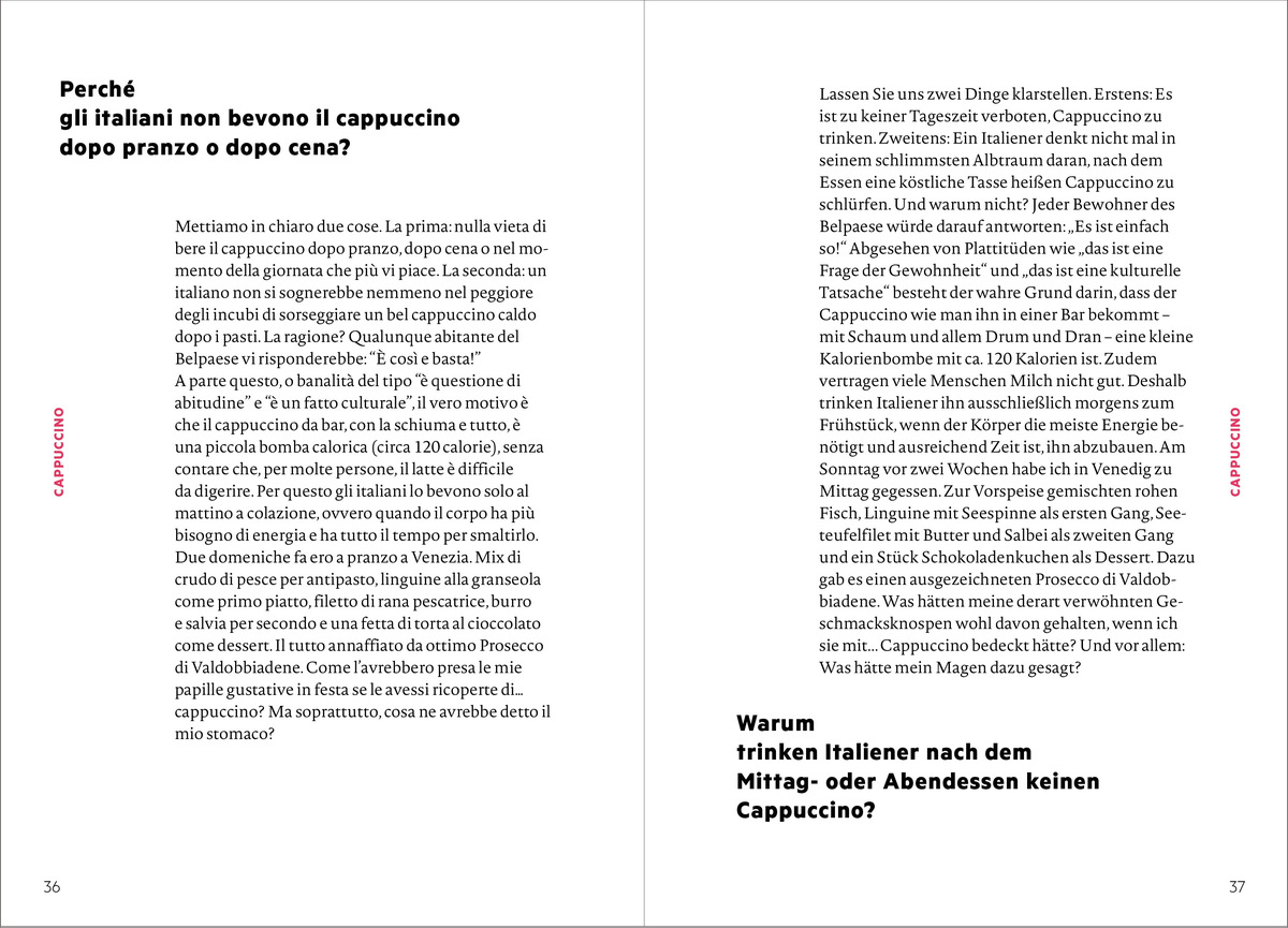 Doppelseitige Buchansicht mit italienischem und deutschem Text über italienische Kaffeetraditionen.