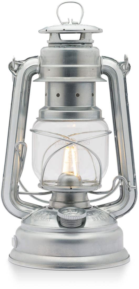LED Laterne »Baby Special 276« aus Metall und Glas in silbernem Retro-Design mit sichtbarer Glühbirne, geeignet für Camping, Outdoor und Dekorationszwecke.