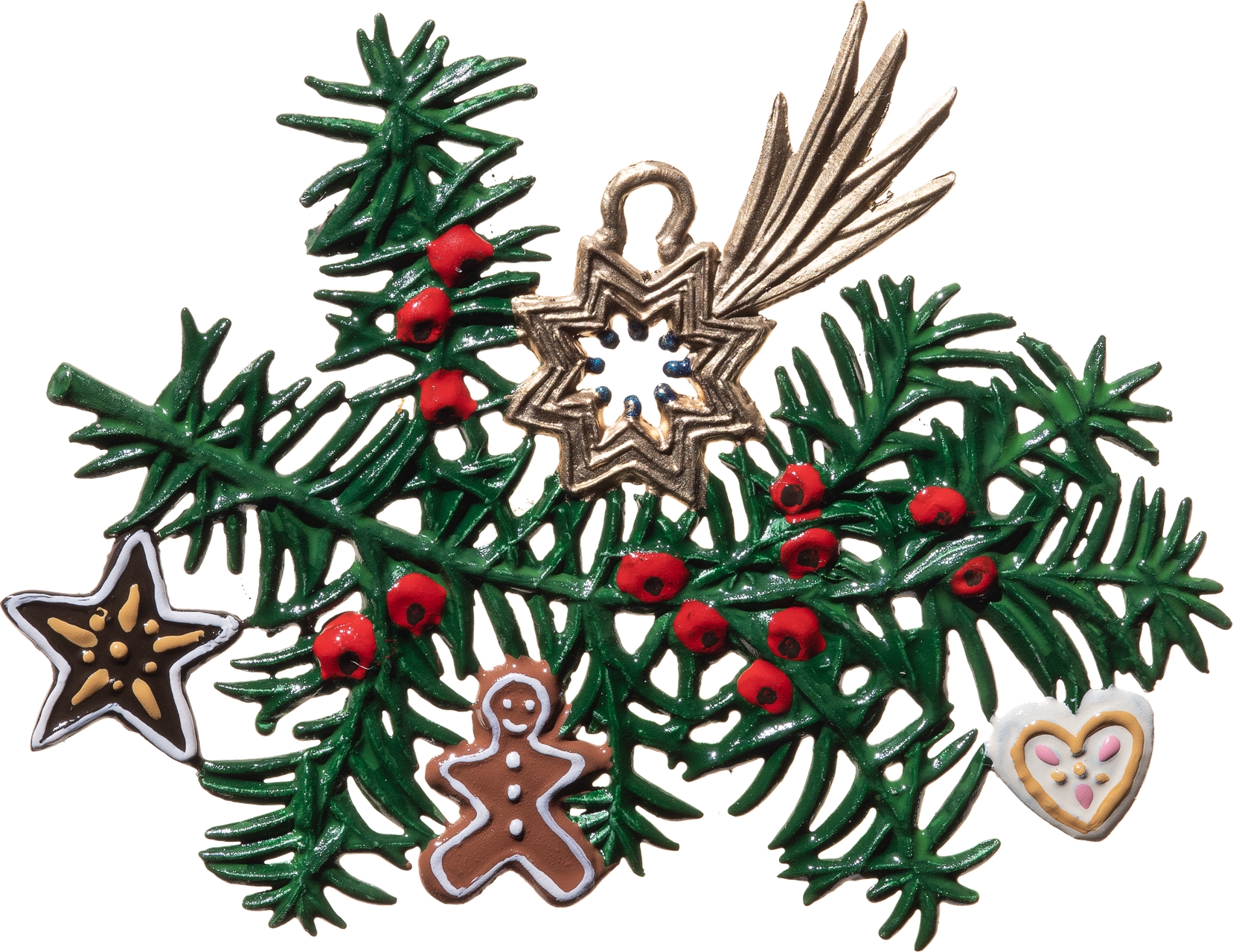 Detailreiche Zinnfigur zeigt einen Eibenzweig mit roten Beeren, goldfarbenem Sternanhänger und weihnachtlichen Plätzchenmotiven. Das Motiv eignet sich als festliche Weihnachtsdekoration und vermittelt einen traditionellen, winterlichen Charakter.