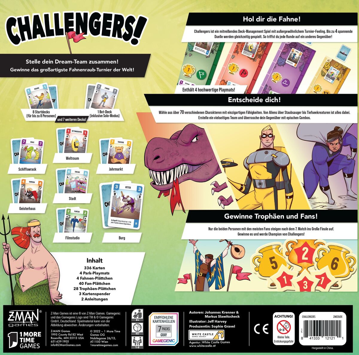 Das Bild zeigt das Brettspiel 'Challengers!' (Kennerspiel des Jahres) mit einer bunten, comicähnlichen Illustration. Das Spiel beinhaltet Karten, Spielbretter und verschiedene Charaktere. Im Vordergrund sind Trophäen, Punkteskalen und Textelemente zu sehen. Die Farbpalette umfasst hauptsächlich Grün, Lila, Gelb und Schwarz.
