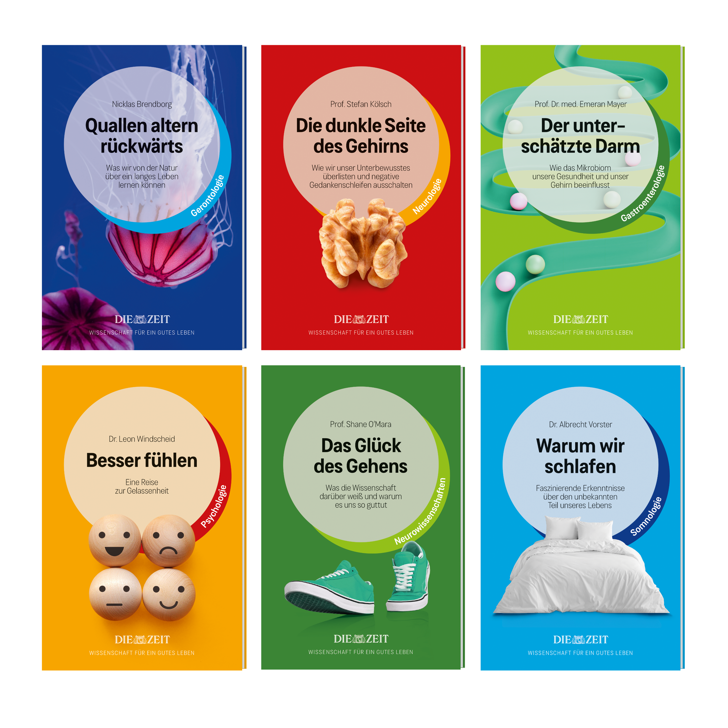 Das Bild zeigt eine Kollektion von sechs farbenfrohen Büchern der ZEIT-Edition »Wissenschaft für ein gutes Leben«. Jedes Cover stellt ein wissenschaftliches Thema rund um Gesundheit und Lebensqualität dar, illustriert mit passenden Symbolen wie Quallen, Gehirn, Darm, Holzkugeln, grüner Turnschuh und einem Bett. Die Titel sind klar lesbar und die Cover sind in kräftigen Blau-, Grün-, Rot-, Orange- und Beigetönen gestaltet.