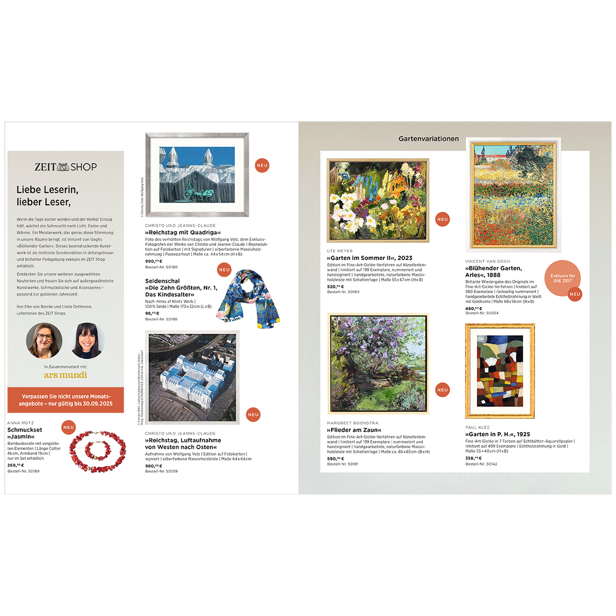 Doppelseite eines Kunstkatalogs mit Abbildungen verschiedener Gemälde im Stil der modernen und impressionistischen Kunst, kurzen Beschreibungen, Preisangaben und Produkthinweisen auf weißem und hellgrauem Hintergrund. Enthalten sind Blumen-, Landschafts- und abstrakte Motive zur Inspiration und Dekoration.