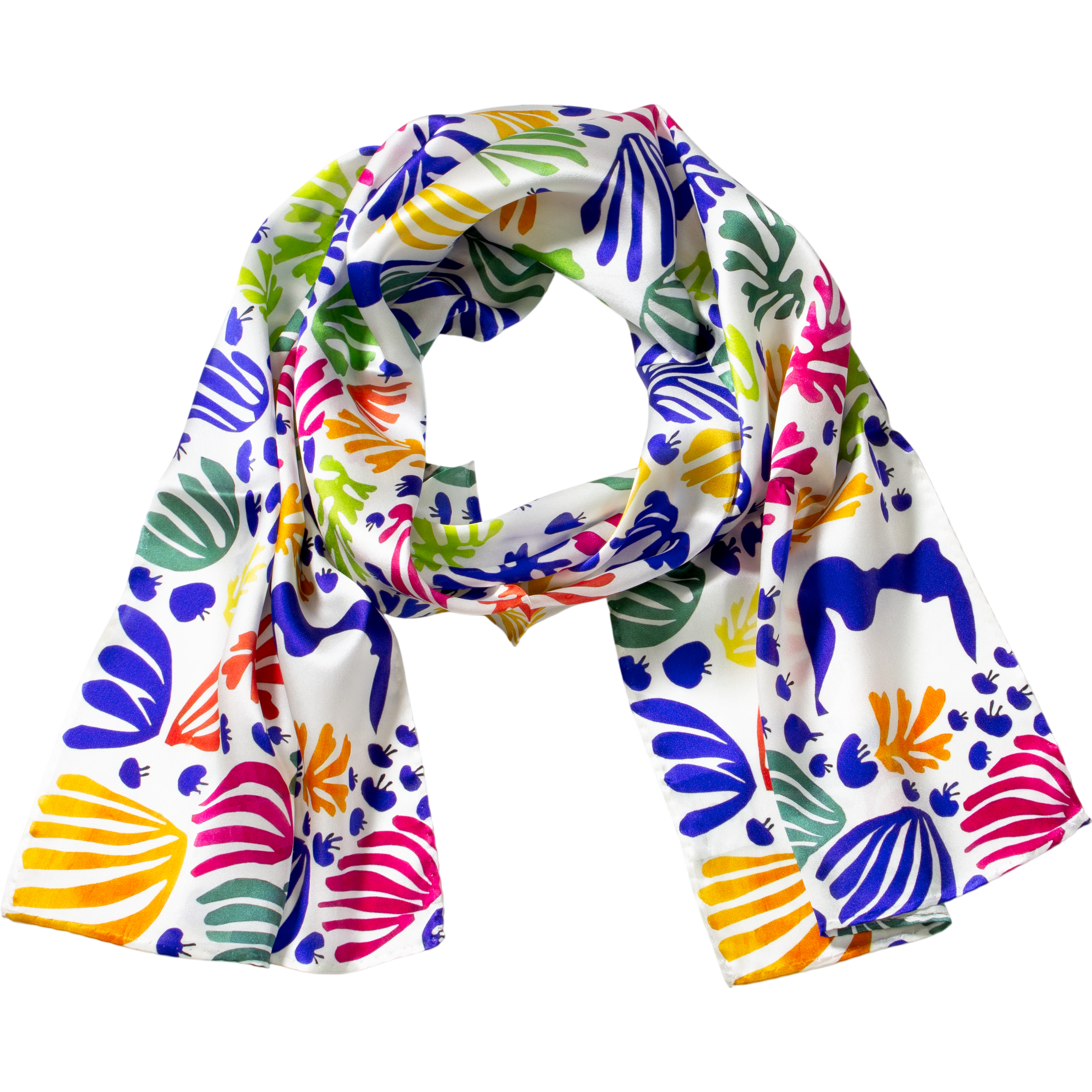 Bunter Seidenschal nach Henri Matisse, Motiv »La perruche et la sirène«, zeigt abstrakte Blätter und Formen in kräftigen Farben wie Blau, Grün, Gelb, Pink, Orange und Lila auf weißem Hintergrund. Das Design wirkt verspielt, künstlerisch und modern.