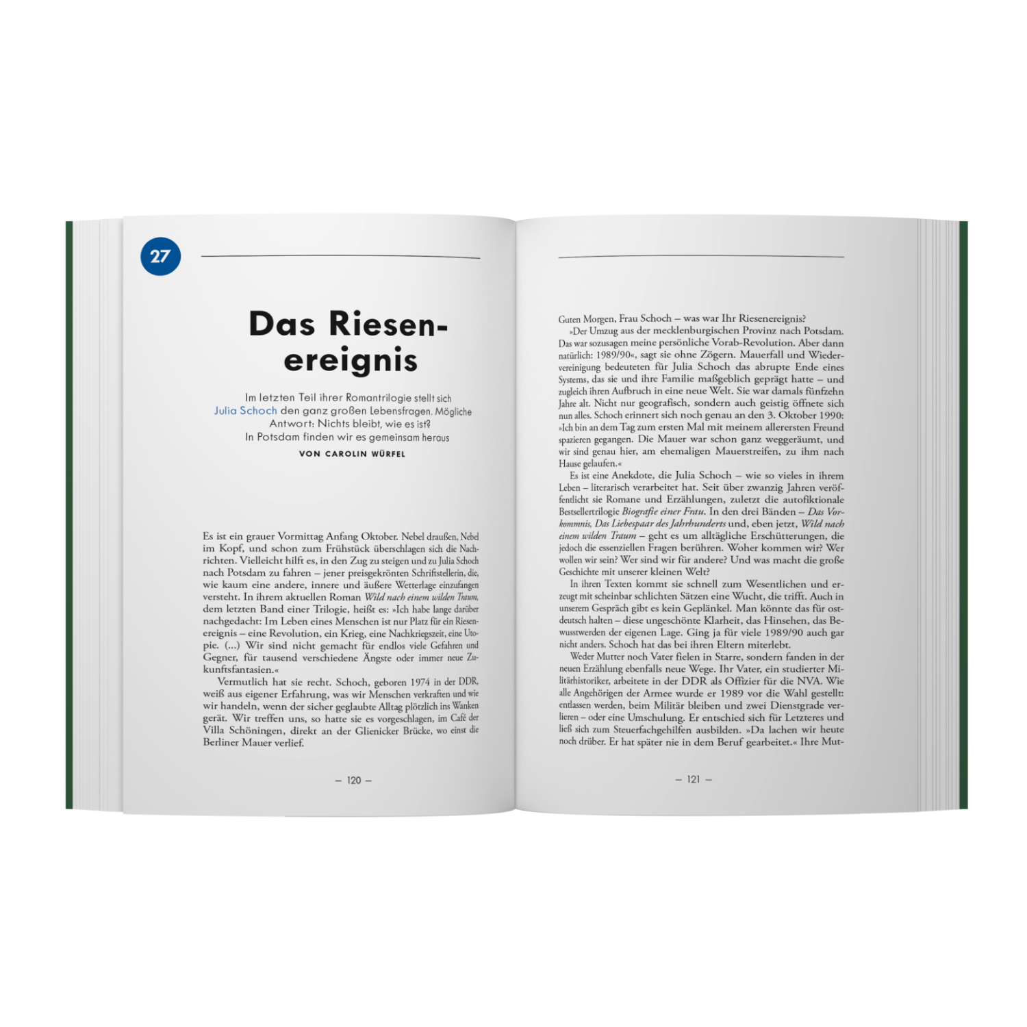 Geöffnetes Buch mit zwei sichtbaren Innenseiten, linker Seite mit Kapitelüberschrift "Das Riesenereignis" und Text, rechts fortlaufender Fließtext. Modernes, klares Layout mit gut lesbarer Schrift, links blaues Kreissymbol mit der Zahl 27, Seitenzahlen unten. Klare Gliederung und hochwertiger Druck.