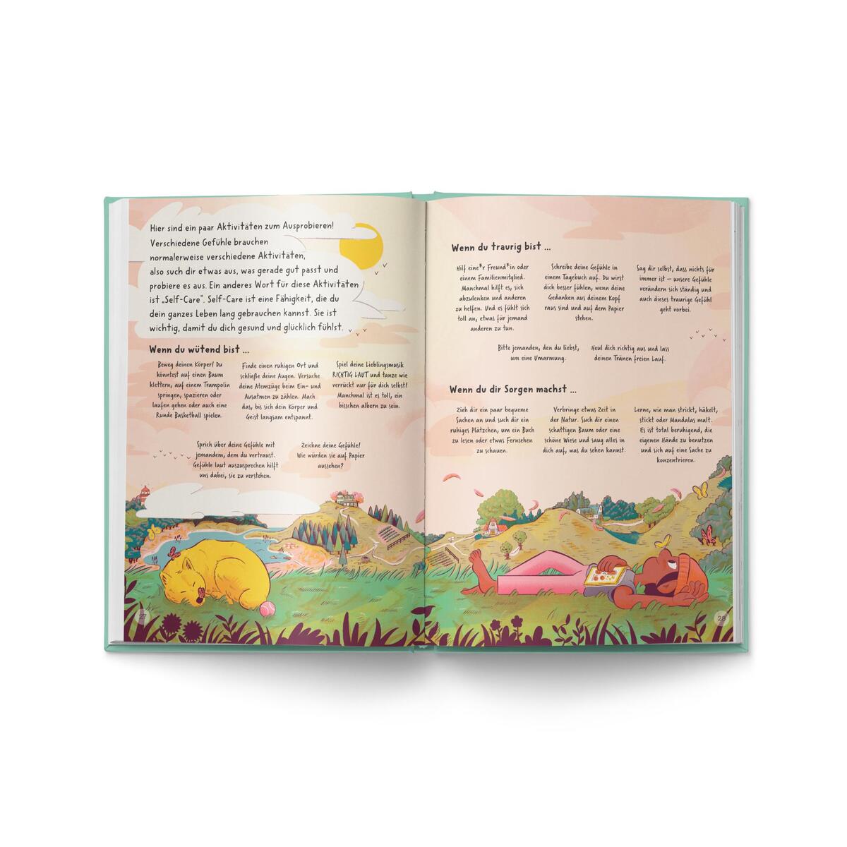 Ein aufgeschlagenes Kinderbuch mit farbenfrohen Illustrationen von einer idyllischen Landschaft. Auf den Buchseiten sind bunte Texte und Bilder von Tieren, die in einer natürlichen Umgebung faulenzen und sich entspannen.