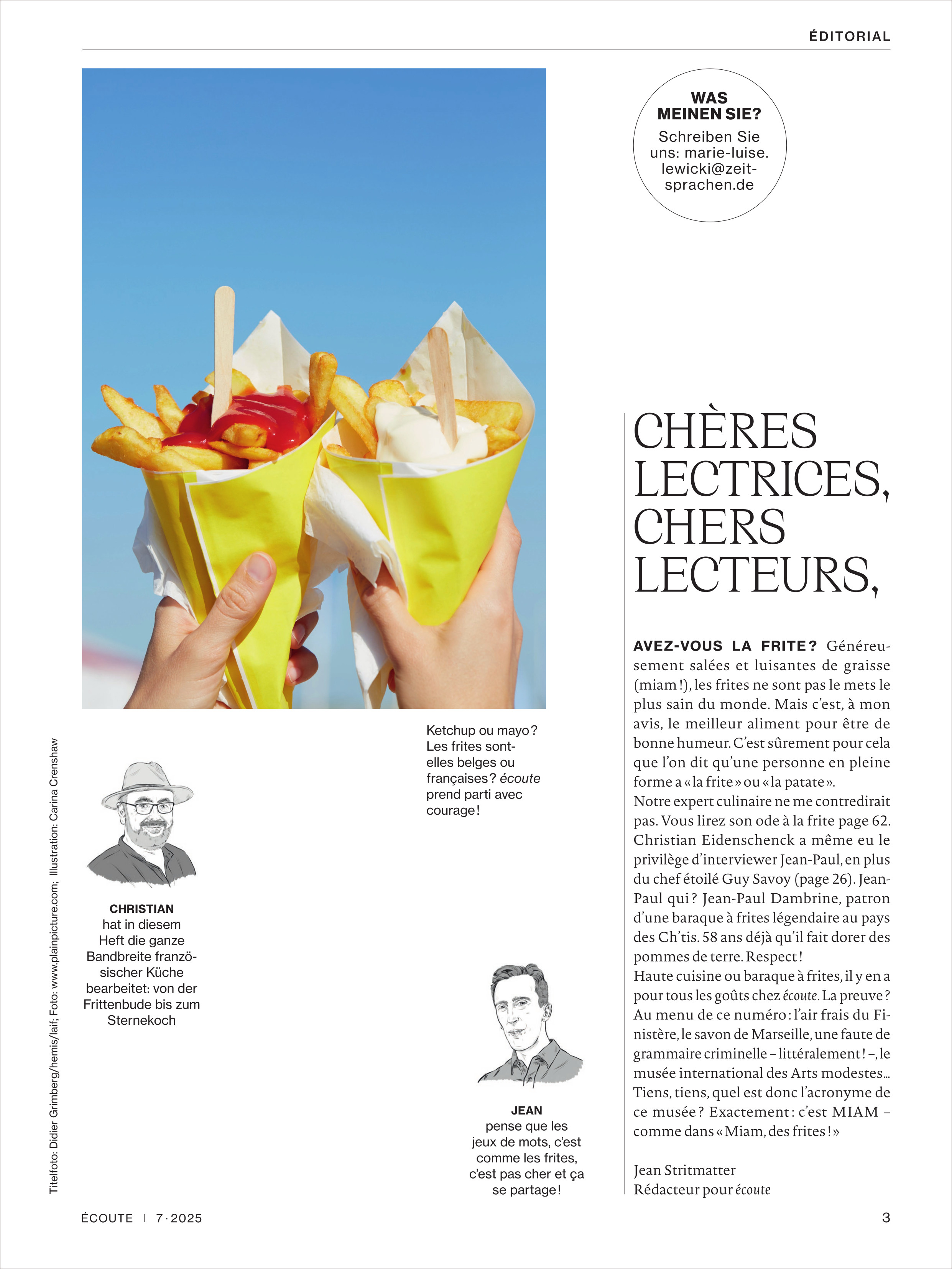 Deckblatt des Écoute Magazins Ausgabe 7/2025. Auf der linken Seite befinden sich Illustrationen von zwei Personen, die Pommes frites in gelben Tüten halten. Rechts steht ein Editorial-Text mit dem Titel 'Chères lectrices, chers lecteurs'. Hintergrund ist blau und wirkt sommerlich.