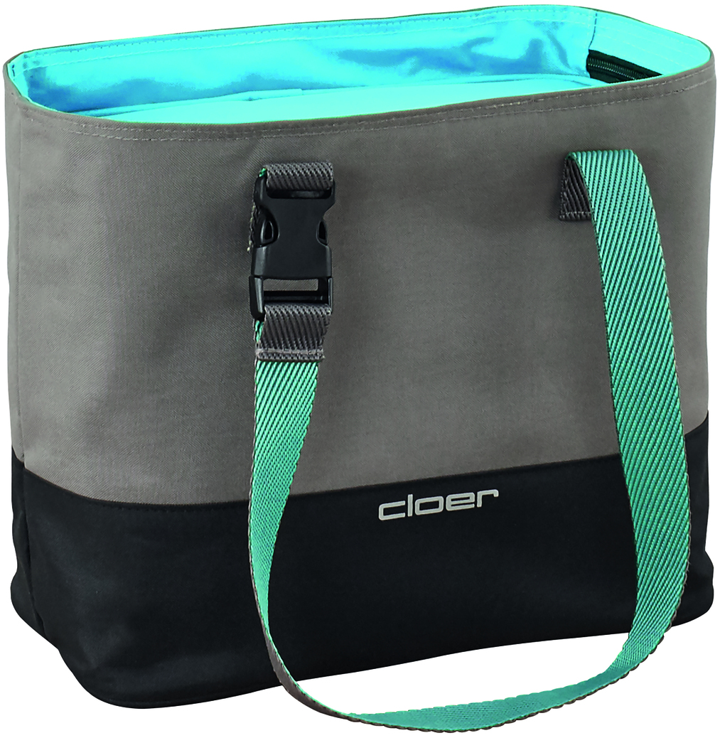 Eine Lunch-Tasche in Grau, Schwarz und Türkis mit einem grünen Umhängegurt und einem faltbaren Verschluss.