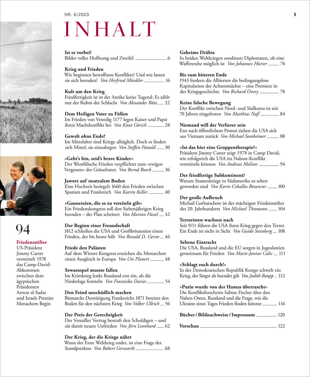 Cover des Magazins 'ZEIT GESCHICHTE 6/23 Wie Kriege enden' mit einem Inhaltsverzeichnis und einem schwarz-weißen Foto einer Landschaft.