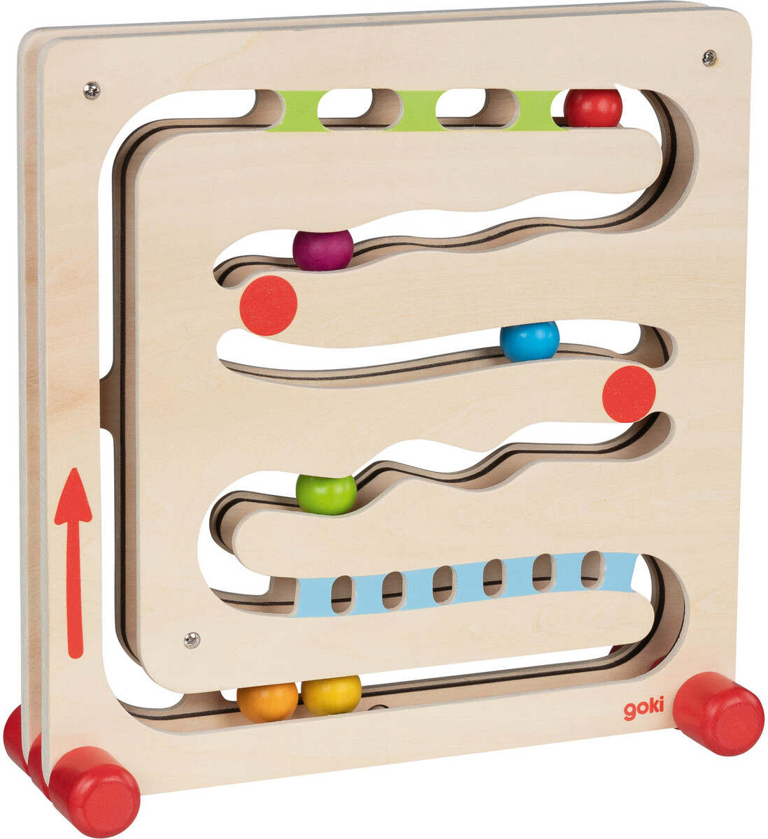 Eine Kugelbahn aus Holz mit einem Fingerfahrstuhl, bestehend aus einem geschwungenen Parcours mit bunten Kugeln in Rot, Blau, Grün und Gelb. Das Spielzeug ist für Kinder geeignet und fördert die Motorik sowie den Spielspaß.