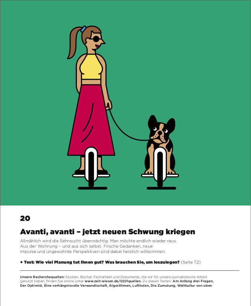 Titelbild des Magazins ZEIT WISSEN 2/21 mit dem Titel 'Avanti, avanti - jetzt neuen Schwung kriegen'. Eine Frau mit Sonnenbrille geht mit ihrem Hund spazieren. Der Hintergrund ist grün.