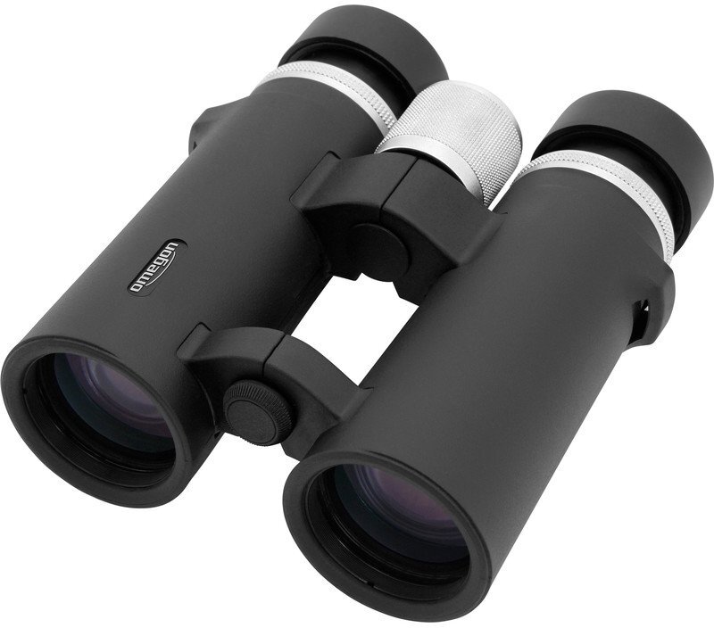 Ein Fernglas des Modells »Omegon« Talron HD 10x42, das in schwarz gehalten ist und silberne Akzente aufweist. Es hat hochwertige, große Linsen und einen robusten Körper.