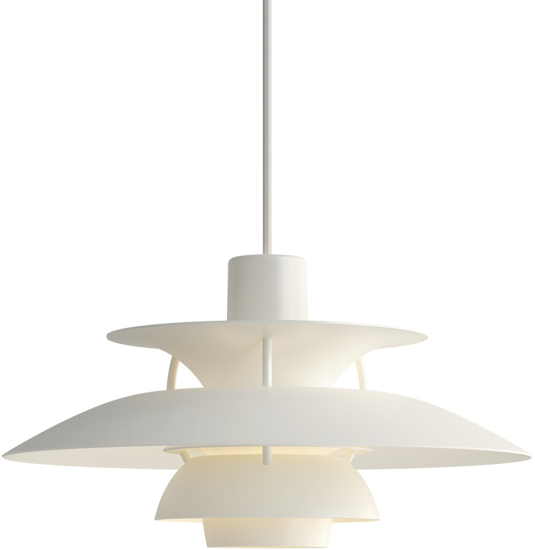 Pendelleuchte „PH5 Mini Monochrome“ in Weiß, minimalistische, skandinavische Deckenlampe mit mehreren Schirmen für moderne Inneneinrichtung.