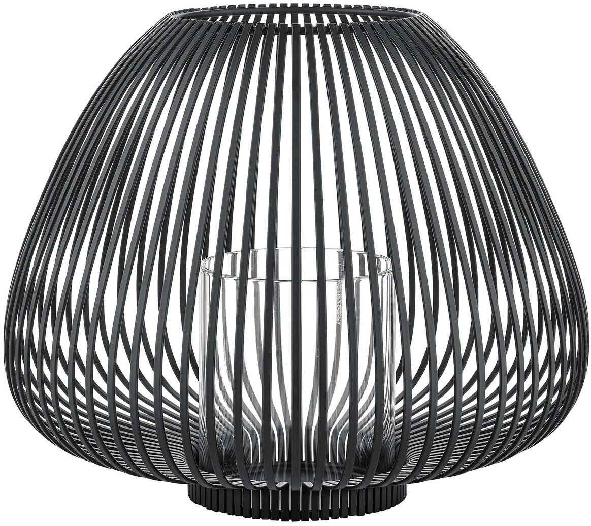 Schwarze Metalllaterne in modernem, runden Design mit feinem Stabgitter und einem transparenten Glas für eine Kerze im Inneren, geeignet für stilvolle Wohn- oder Gartendekoration.