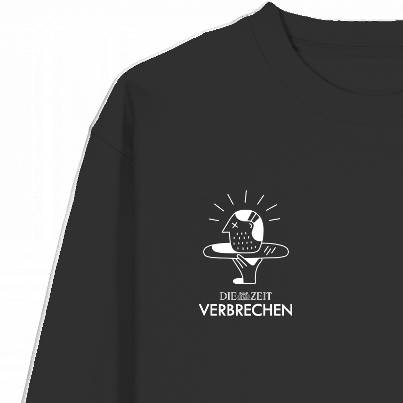 Schwarzes Sweatshirt mit weißem ZEIT-Verbrechen-Logo und grafischem Print auf der Vorderseite. Ideal für Fans des Podcasts oder Krimiliebhaber, minimalistisches und modernes Design. Das Produkt liegt auf hellem Hintergrund.