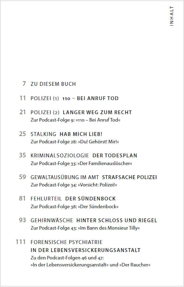 Inhaltsverzeichnis von ZEIT VERBRECHEN 2 - Paperback mit Themen wie Polizei, Ermittlungen, Kriminalsoziologie sowie Podcasts zu diversen Verbrechen.