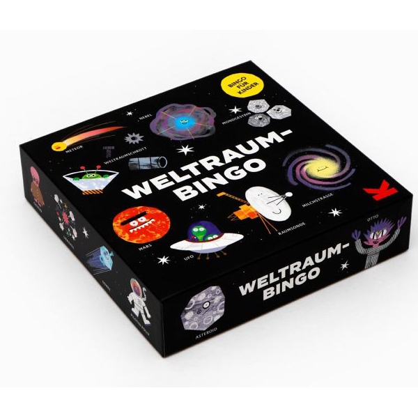 Bunte Spielbox mit dem Titel 'Weltraum-Bingo', illustriert mit verschiedenen Weltraummotiven wie Astronauten, Planeten, Satelliten, Raumschiffen und Galaxien auf dunklem Hintergrund. Die Verpackung richtet sich an Kinder und Familien und thematisiert das Weltall als Wissensspiel.