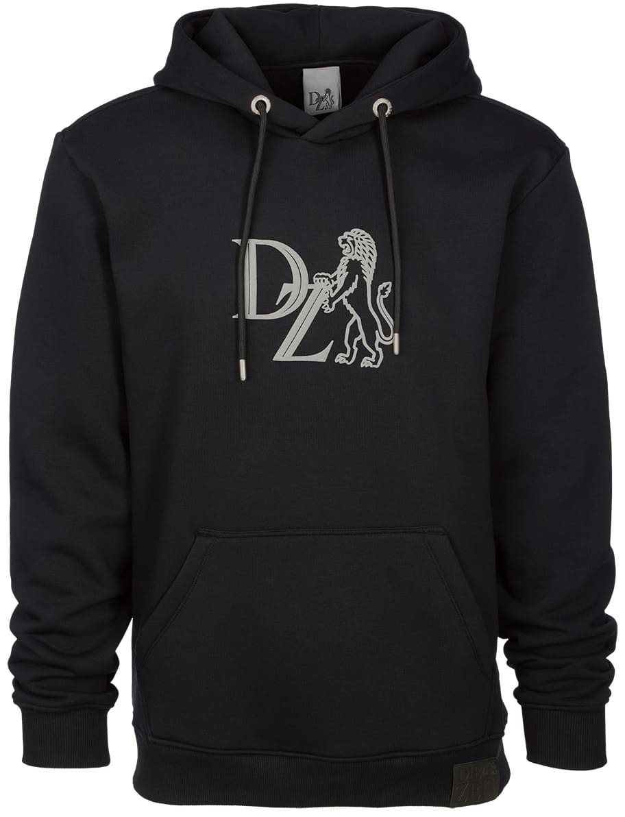 Schwarzer Hoodie aus der ZEIT-Kollektion mit Kapuze und Löwen-Logo auf der Vorderseite.