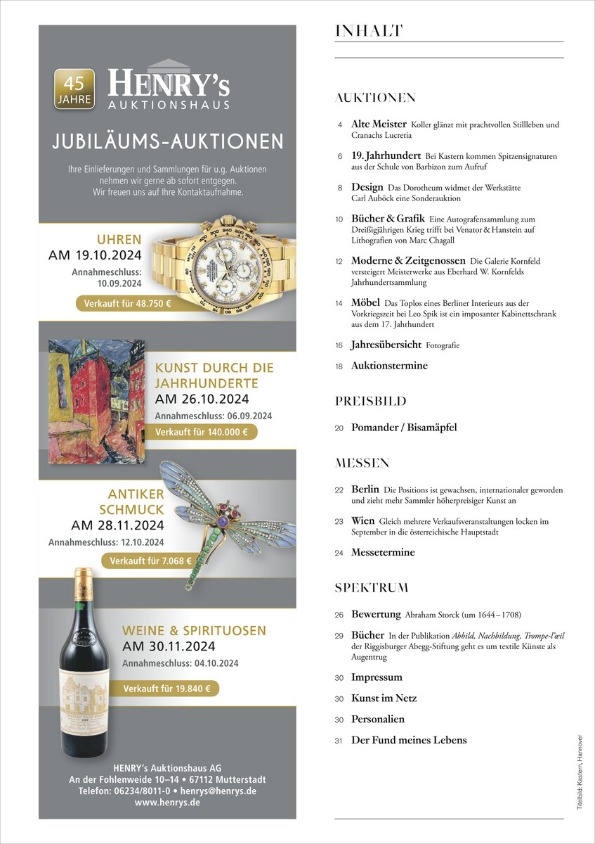 Das Bild zeigt die Titelseite des Auktionskatalogs 'KUNST UND AUKTIONEN 14/24' von Henry's Auktionshaus anlässlich ihres 45-jährigen Jubiläums. Der Katalog enthält verschiedene Auktionen, darunter Uhren, 'Kunst durch die Jahrhunderte', antiker Schmuck sowie Weine und Spirituosen. Es ist eine Liste der Auktionsinhalte auf der rechten Seite abgebildet.