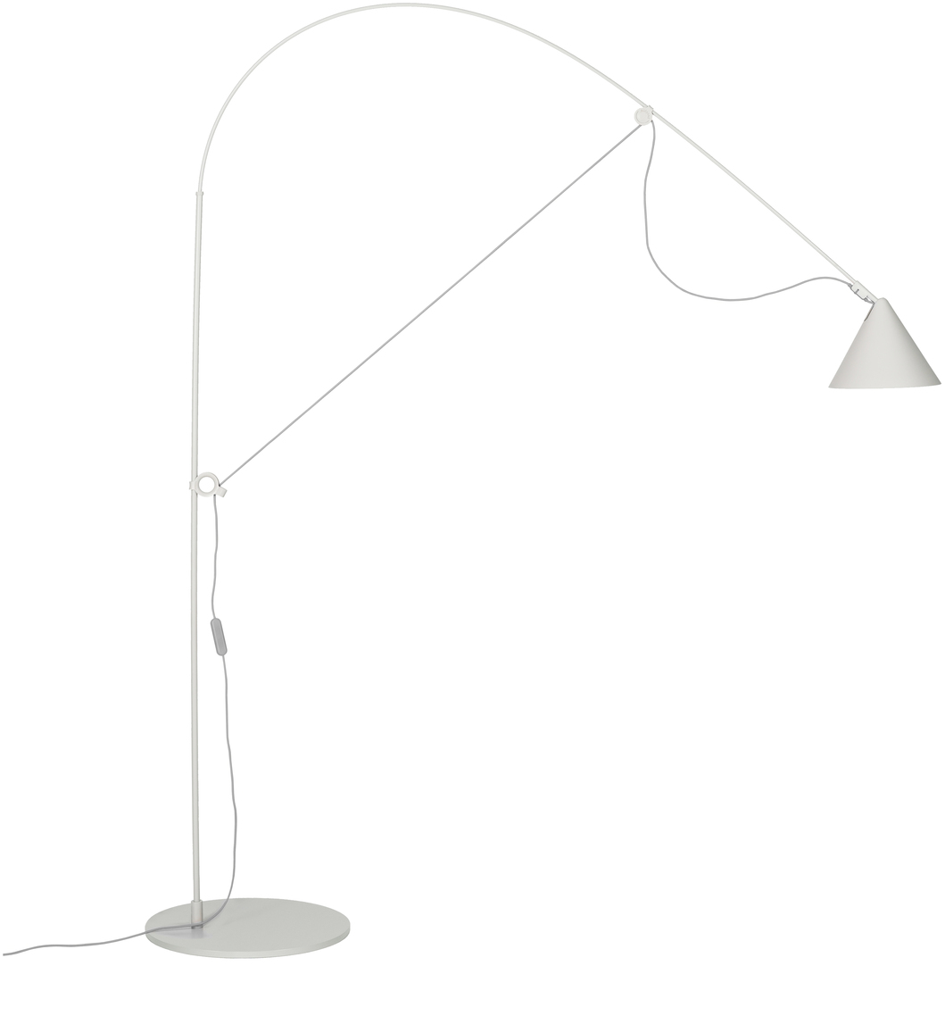 Minimalistische weiße Stehlampe namens 'AYNO Silk' mit einem modernen und eleganten Design, ideal für Wohnräume und als Beleuchtungslösung.
