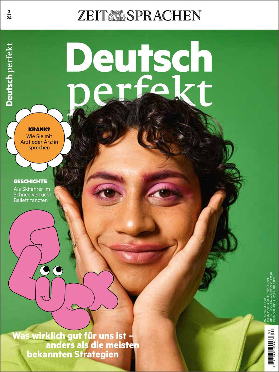 Cover des Magazins 'Deutsch perfekt 02/2024' mit einem Porträt einer Frau, die grüne Kleidung trägt und auf der Titelseite zu sehen ist. Das Design ist farbenfroh und besteht aus grünen und pinken Elementen. Text auf dem Cover informiert über Themen wie 'Krank! Wie Sie mit Arzt oder Ärztin sprechen' und 'Geschichte: Als Sklavin im eigenen Schloss; Vera Schreyer erzählt Balliettaten.'
