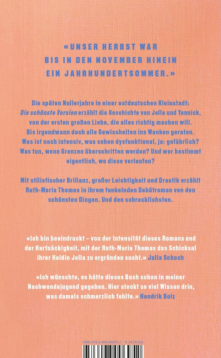 Hinterseite des Buches 'Die schönste Version' von Ruth-Marie Thomas, mit Text in deutscher Sprache in einem weißen, serifenlosen Schriftstil, auf orangem Hintergrund mit blauen und schwarzen Farbakzenten.