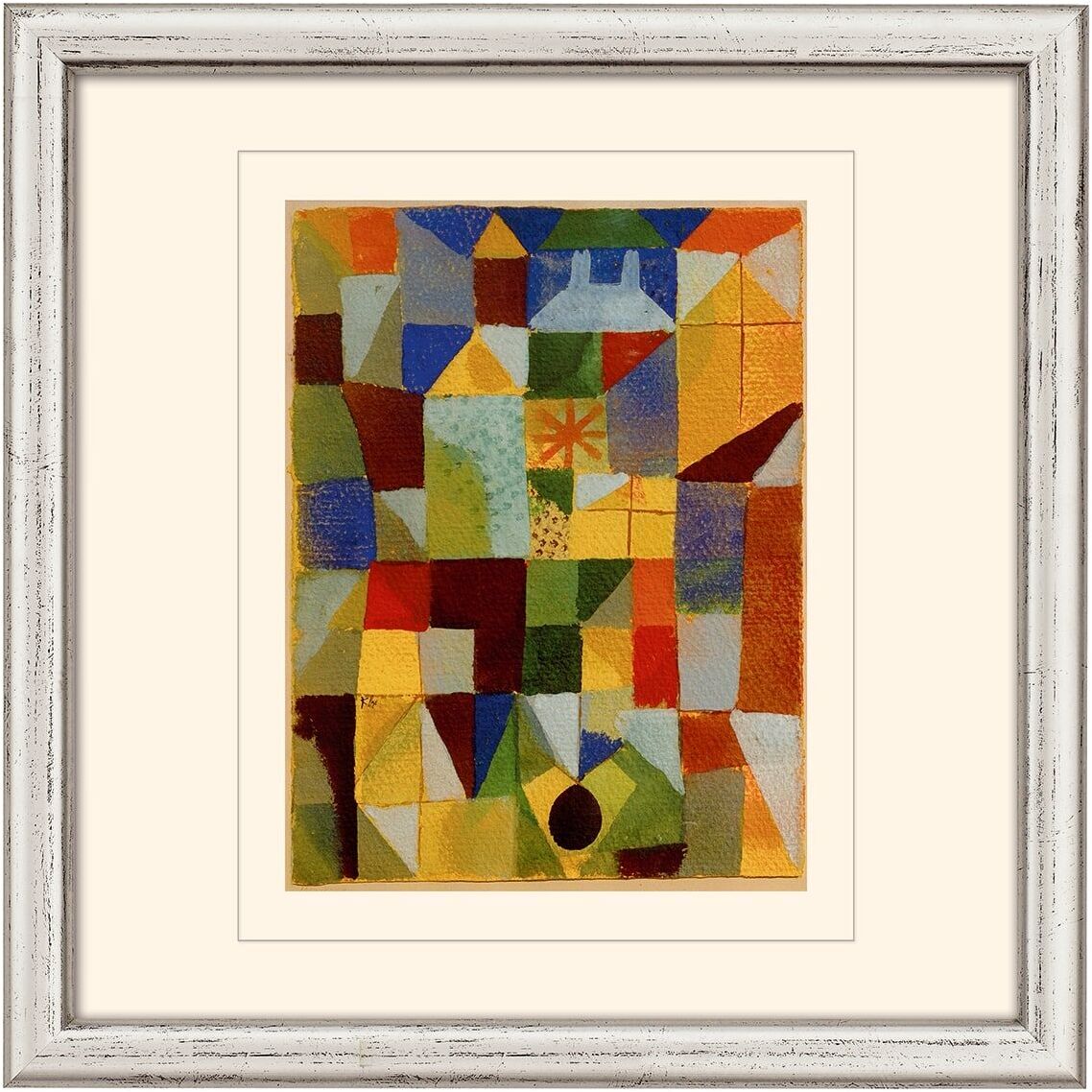 Ein abstraktes Gemälde von Paul Klee in einem weißen Rahmen. Das Kunstwerk besteht aus bunten geometrischen Formen in Rot, Blau, Grün, Gelb und Beige.