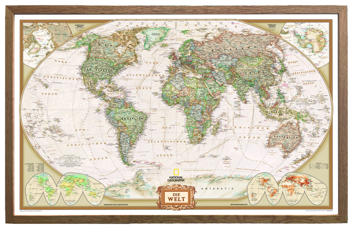 Eine antike Weltkarte von National Geographic in einem Holzrahmen. Die Karte zeigt die Kontinente mit detaillierten geografischen Informationen und farbenfrohen Illustrationen. Unten rechts sind kleine Karten mit zusätzlichen Detailansichten abgebildet.