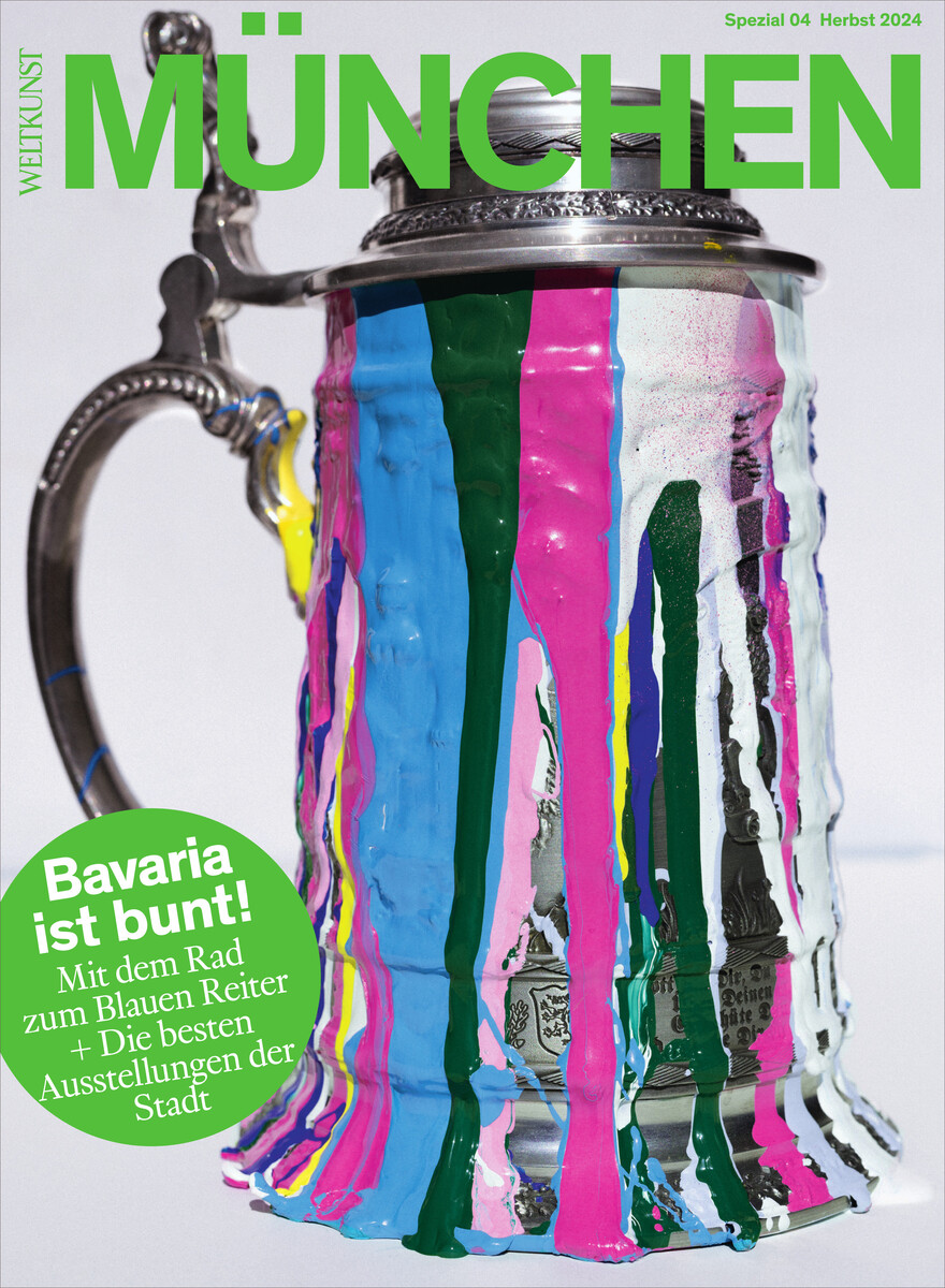 Cover des Magazins WELTKUNST 233/24 Sonderheft München mit einem farbigen Bierkrug und dem Text 'Bavaria ist bunt!'.