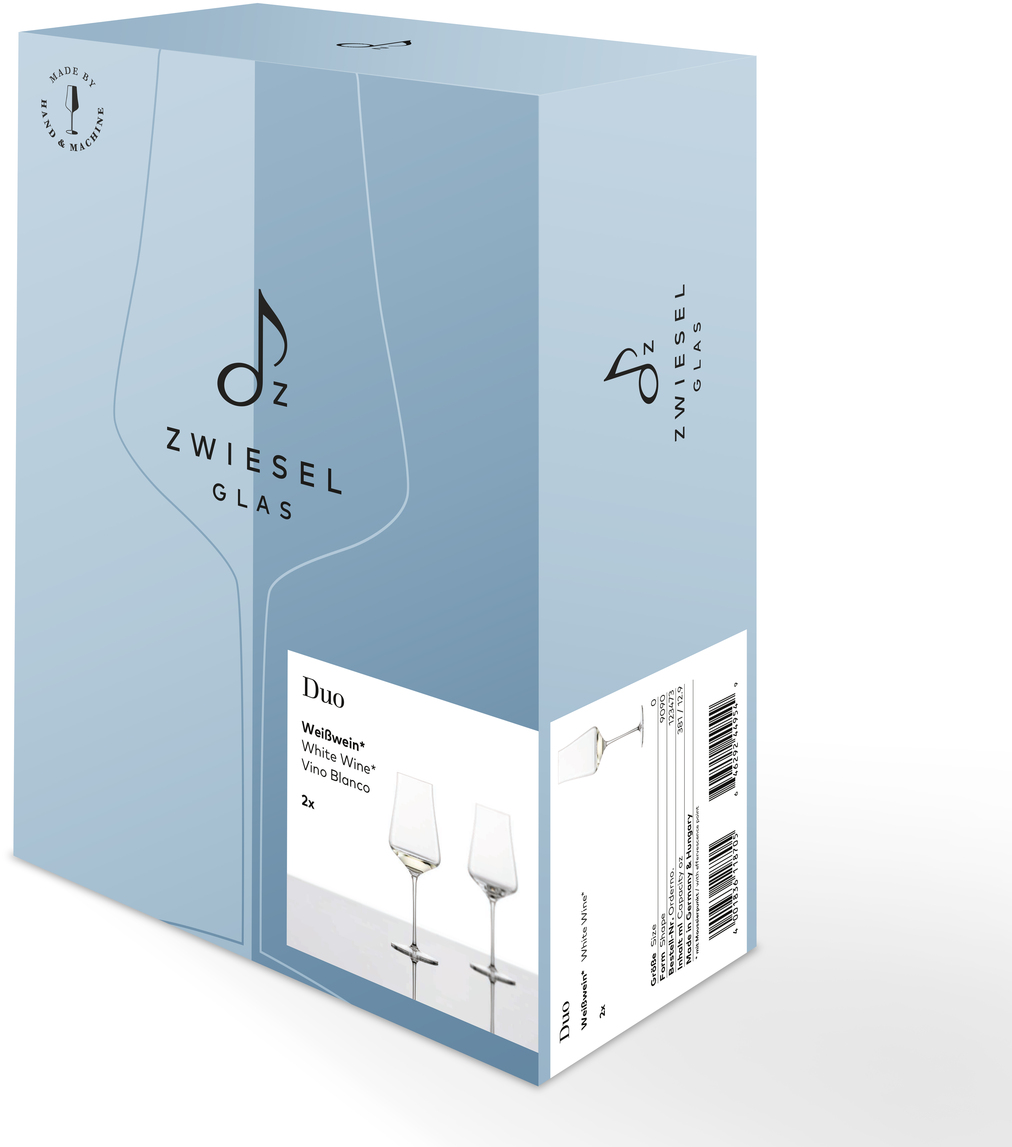 Produktbild von einem 2er-Set Weißweingläser 'DUO' von Zwiesel Glas in einer blau-weißen Verpackung.