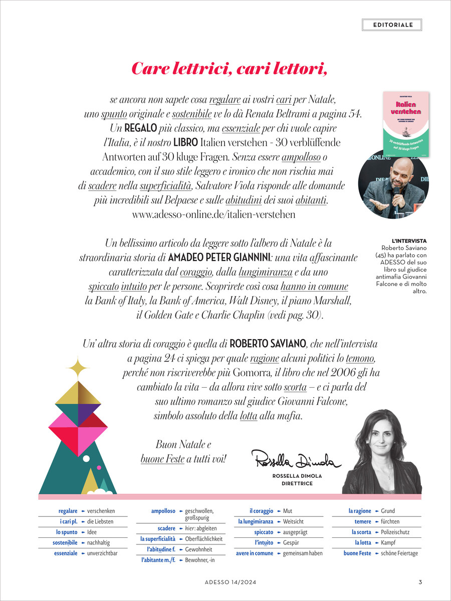 Seite des Adesso Magazins 14/2024 mit einem Editorial-Text, mehreren Bildern und weihnachtlichen Elementen.