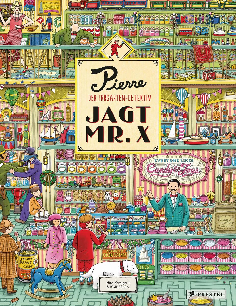 Das Bild zeigt das Cover des Buches 'Pierre, der Irrgarten-Detektiv: Jagt Mr. X'. Es ist voller farbenfroher und detailreicher Illustrationen, die ein lebendiges Stadtbild mit zahlreichen Menschen und Aktivitäten darstellen. Im Mittelpunkt steht Pierre, der Detektiv, in einem blauen Mantel, der in einer Süßwarenabteilung nach Hinweisen sucht.