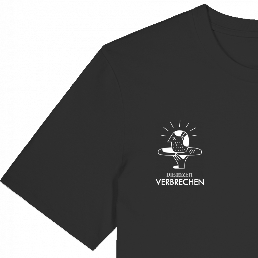 Schwarzes T-Shirt mit weißem Aufdruck einer stilisierten Kopf-Skizze und dem Text 'DIE ZEIT VERBRECHEN', fotografiert vor neutralem Hintergrund. Ideal für Fans von True Crime und Podcasts.