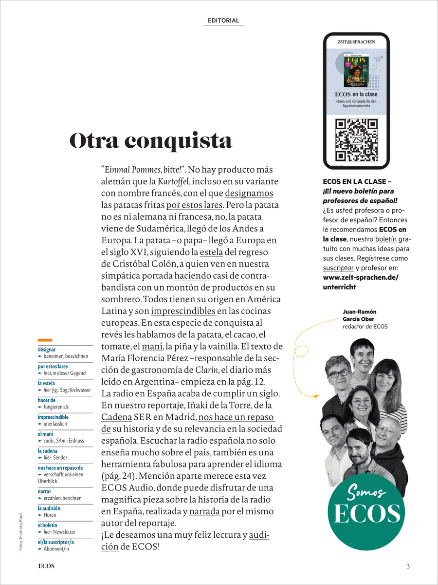 Eine Seite des Ecos Magazins 5/2025 mit einem Editorial-Artikel über spanische Eroberungen, Informationen über Lerninhalte und ein Bild einer Gruppe von Menschen neben einem 'Somos Ecos'-Logo.