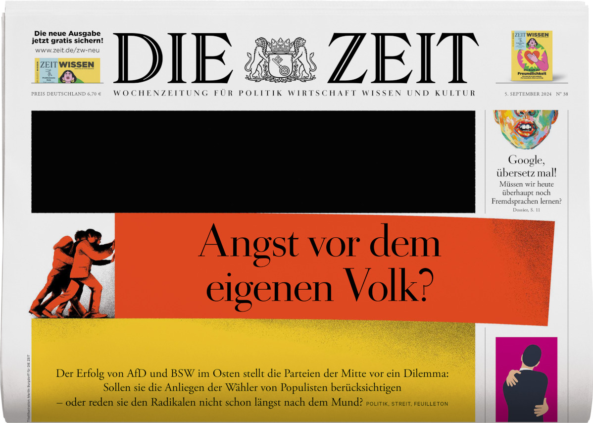 Cover der Wochenzeitung DIE ZEIT Ausgabe 38/2024. Oben ist der Name der Zeitung in großen schwarzen Buchstaben gedruckt, darunter eine Überschrift in roter Farbe: „Angst vor dem eigenen Volk?“. Thematisch geht es um aktuelle politische und gesellschaftliche Themen in Deutschland. Links und rechts auf dem Cover befinden sich kleinere Abbildungen sowie zusätzliche Schlagzeilen.