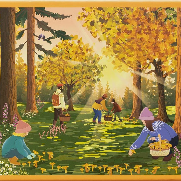 Illustration eines Waldes im Herbst mit mehreren Personen, die Pilze sammeln. Sonnenstrahlen dringen durch die Bäume, es sind verschiedene Pilze und Blumen am Waldboden zu sehen. Die Szene hat eine warme, einladende Atmosphäre und zeigt eine Familienaktivität in der Natur.