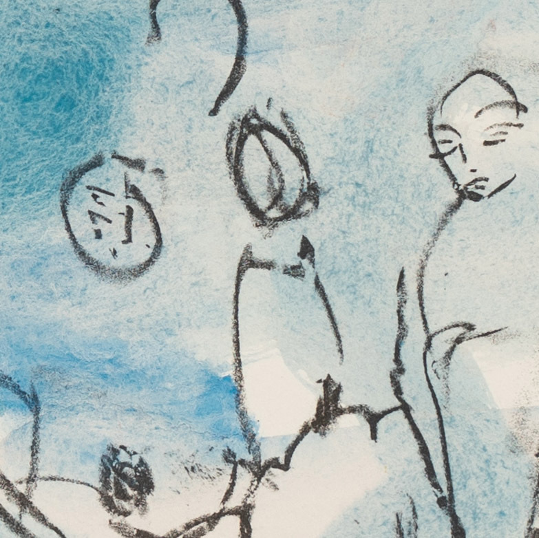 Eine moderne Lithografie mit abstrakten schwarzen Linien und Formen auf einem blauen und weißen Hintergrund, gerahmt und als ZEIT-Sonderedition DG 75A aus dem Jahr 2024 bezeichnet.