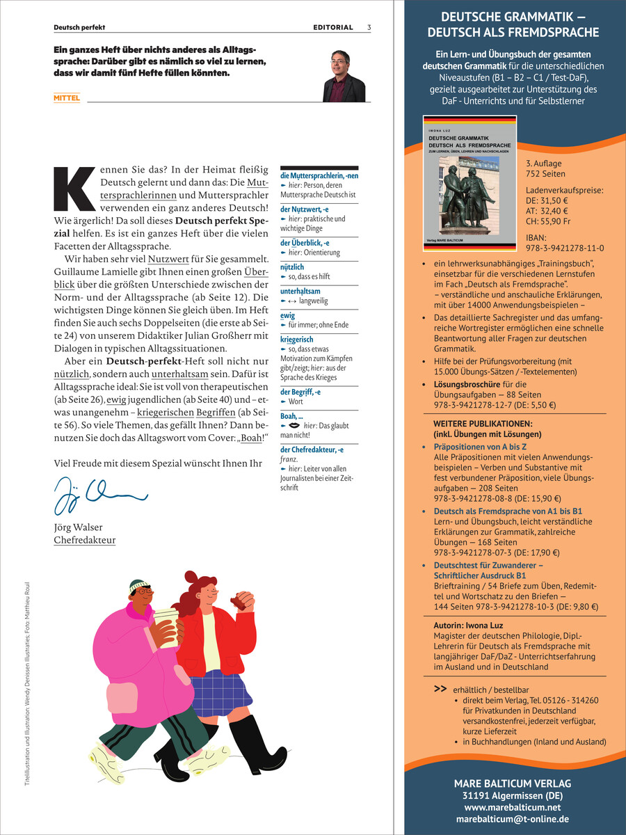 Die 'Deutsch perfekt Magazin 12/2024 Sonderausgabe' zeigt eine Editorial-Seite mit Textblöcken und Illustrationen. Enthält Informationen zur deutschen Sprache und Grammatik. Das Design ist informativ mit einer Farbpalette aus Weiß, Rot, Blau, Schwarz und Orange.