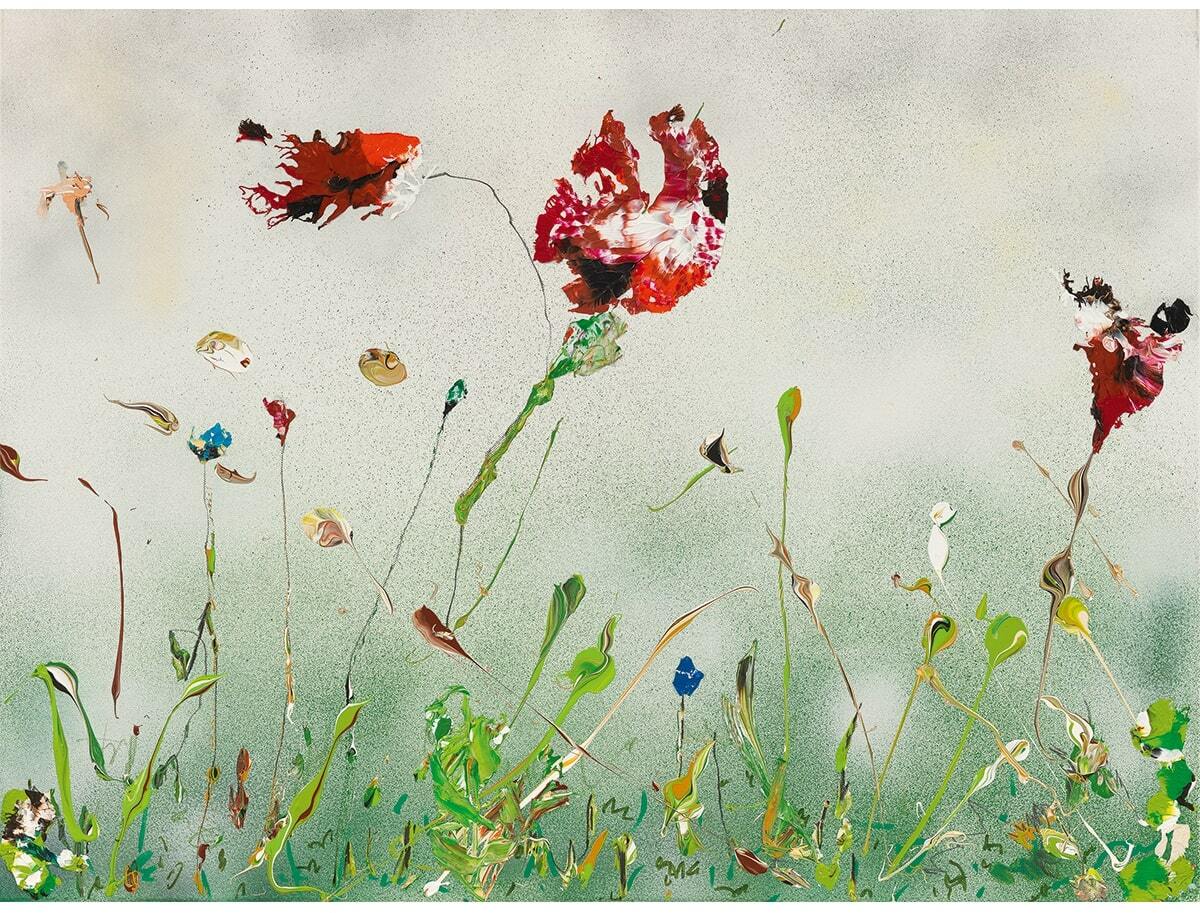Ein abstraktes Kunstwerk von Christine Müller mit dem Titel »Hommage à Claudio Abbado: Ravel, Teil 4«. Das Bild stellt bunte, abstrahierte Blumen auf einer Leinwand in Deckfarben dar, überwiegend in Grün-, Rot- und Blautönen.