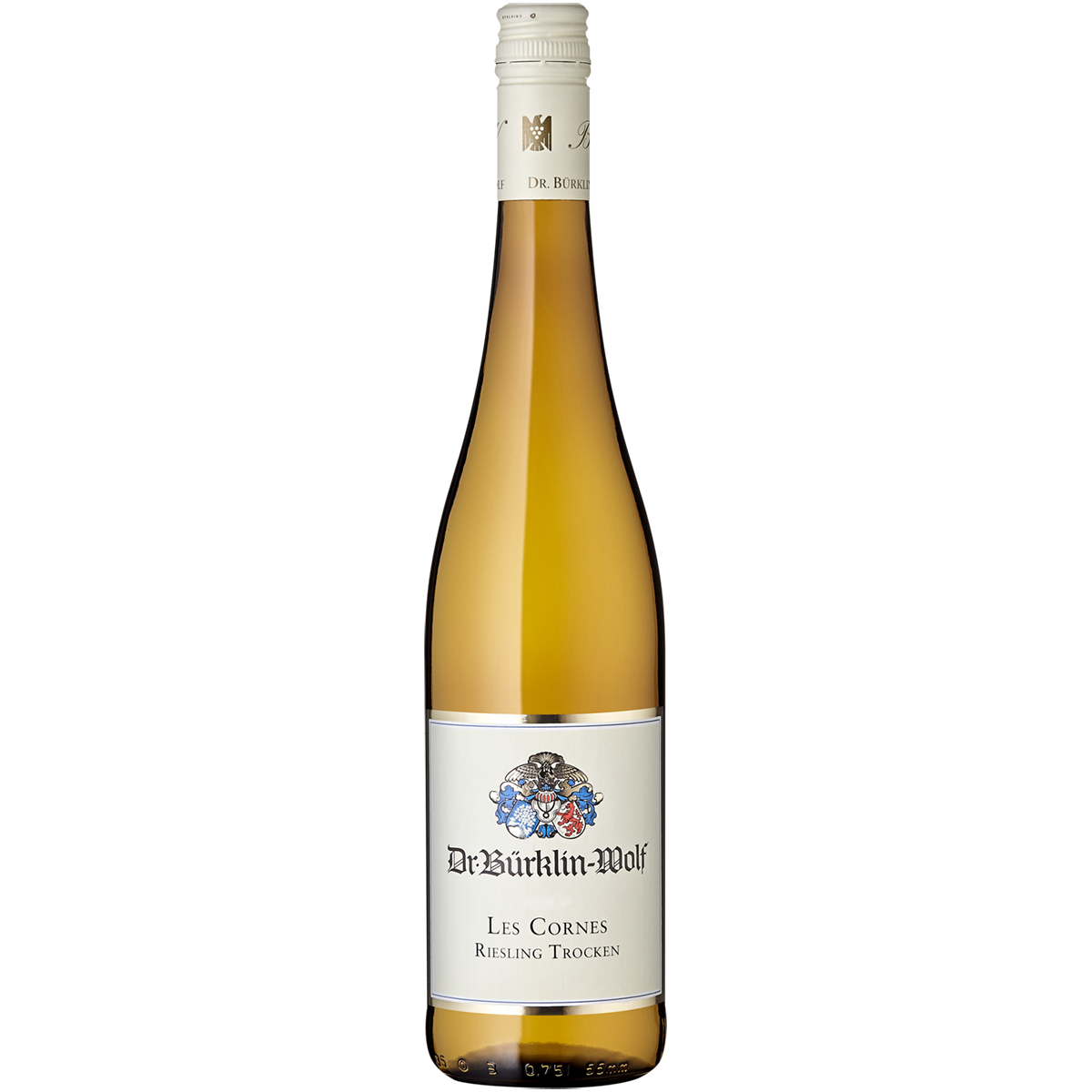 Eine einzelne Flasche Weißwein mit goldenem Inhalt, schmalem Hals und edlem Etikett der Marke Dr. Bürklin-Wolf, präsentiert stehend vor neutralem Hintergrund. Die Flasche steht stellvertretend für ein Probierpaket aus verschiedenen hochwertigen Weinen eines deutschen Weinguts.