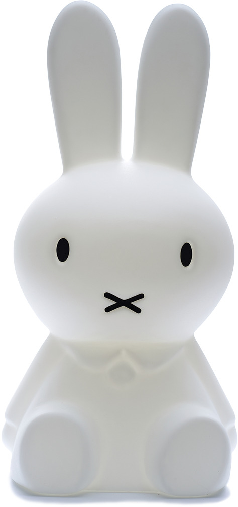 Ein weißes, großes Nachtlicht in Form der beliebten Figur Miffy, geeignet für Kinderzimmer. Es hat eine glatte Oberfläche mit schwarzen Augen und einem schwarzen X-förmigen Mund.