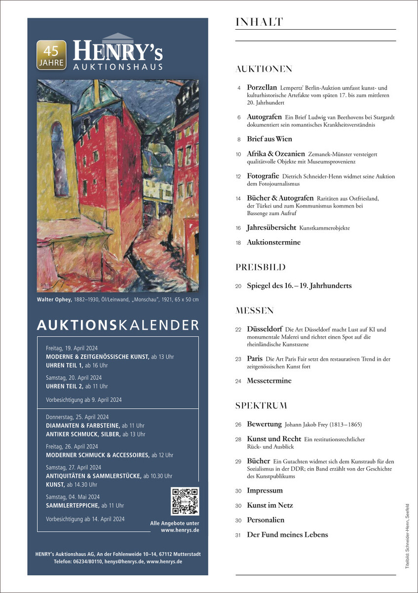 Titelseite des Magazins 'KUNST UND AUKTIONEN 6/24' von Henry's Auktionshaus mit einem Gemälde von Walter Ophey und einer Inhaltsangabe der Themen des Magazins.