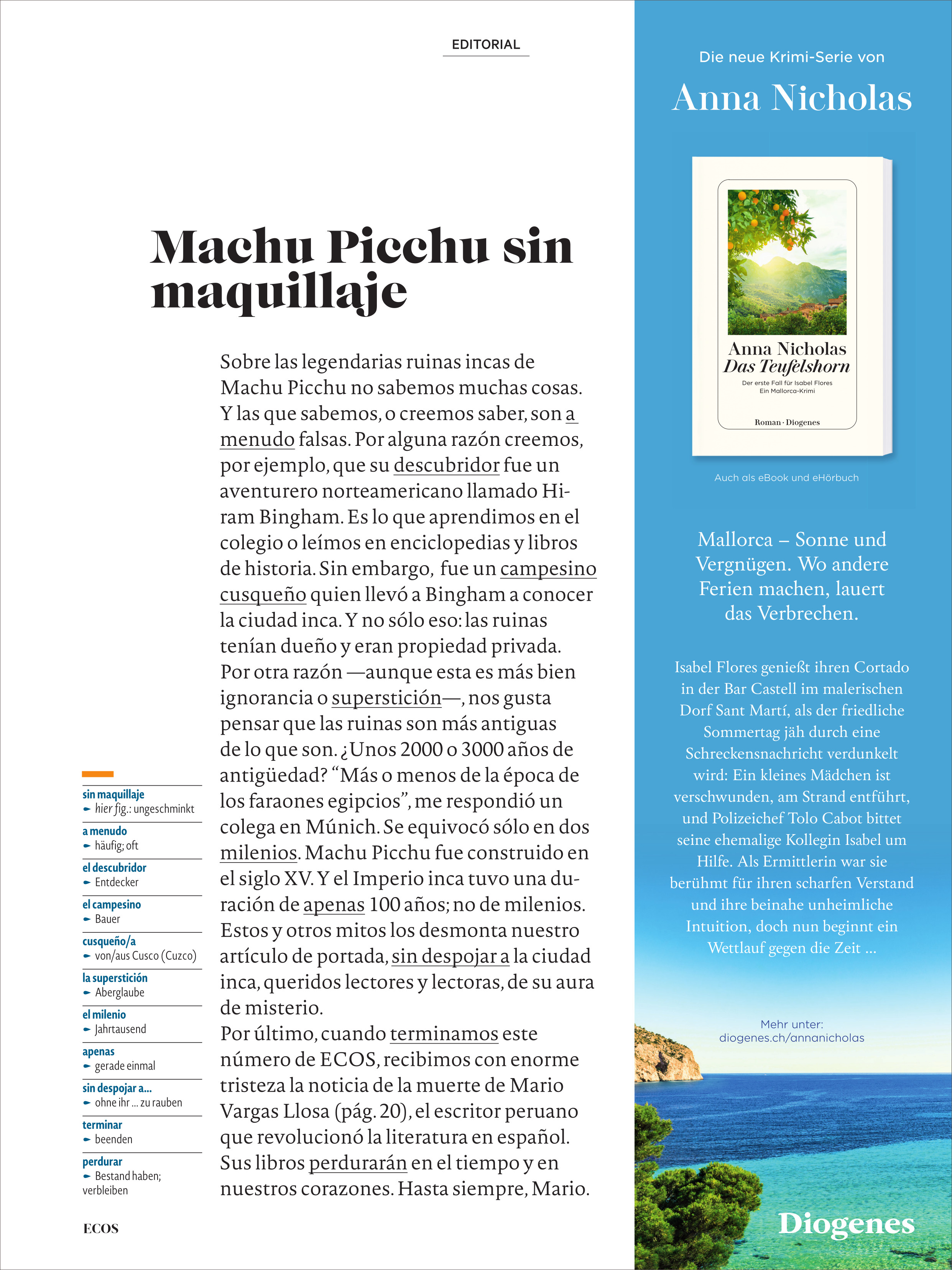Abbildung einer Seite aus dem 'Ecos Magazin 7/2025'. Der Text behandelt Machu Picchu und enthält ein Buchhinweis auf Anna Nicholas’ Roman 'Mallorca - Sonne und Verbrechen' von Diogenes. Rechts unten ein kleiner Ausschnitt der Meeresküste. Farben sind hauptsächlich Weiß und Blau.