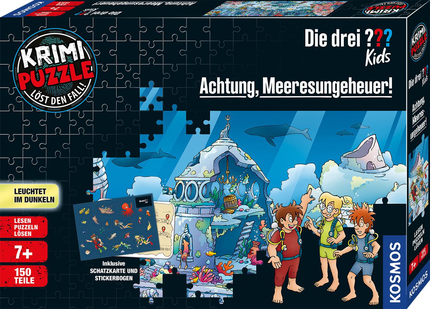 Die drei ???-Kids in Taucherausrüstung vor versunkenen Unterwasserstadt mit bunten Korallen, Fischen und Haien. An der Seite steht: „Leuchtet im Dunkeln“, „Lesen – Puzzeln – Lösen“, „ab 7 Jahren“, „150 Teile“, „Inklusive Schatzkarte und Stickerbogen“.
